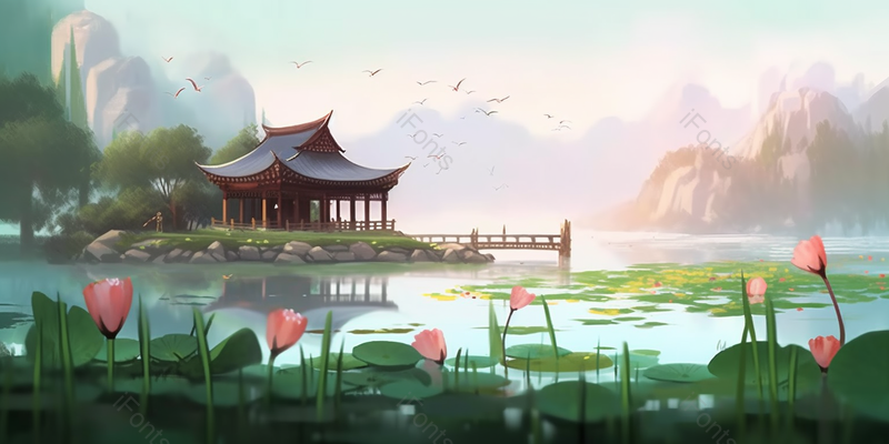 杭州西湖十景曲院风荷,插画/手绘图,插画/手绘图库,插画/手绘图下载,插画/手绘